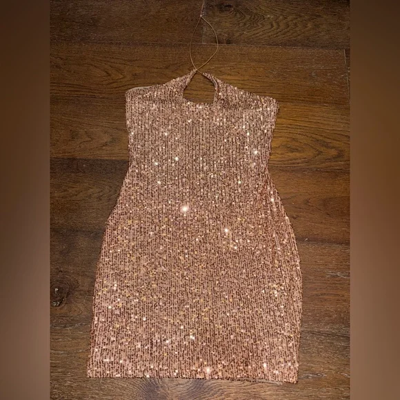 brown sequin halter dress Gold & Black Sequin Halter Dress M main image 1